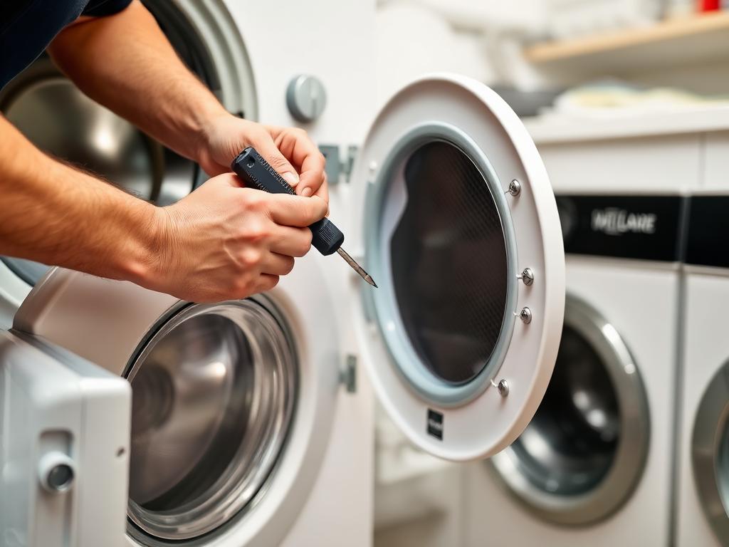 Technician repairing the back panel of a washing machine
